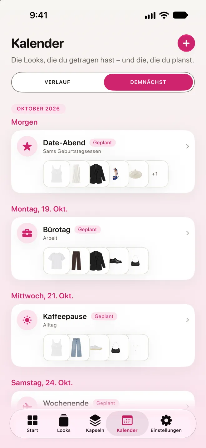 Der Kalender, Tab „Demnächst“: die Looks, die du für die nächsten Tage geplant hast