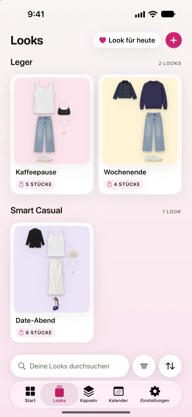 Die Looks-Übersicht: gespeicherte Outfits, nach Anlass gruppiert