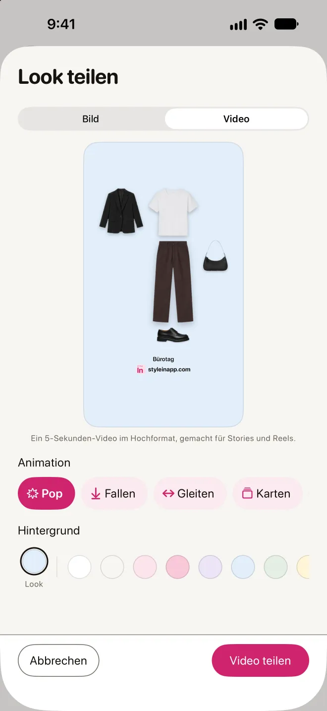 Einen Look als Video teilen: Vorschau, Animation und Hintergrundfarbe
