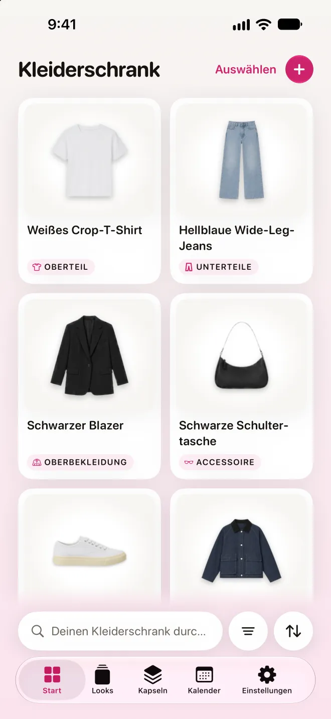 Der Kleiderschrank: ein Raster aus Kleidungs-Stickern mit Namen und Kategorien