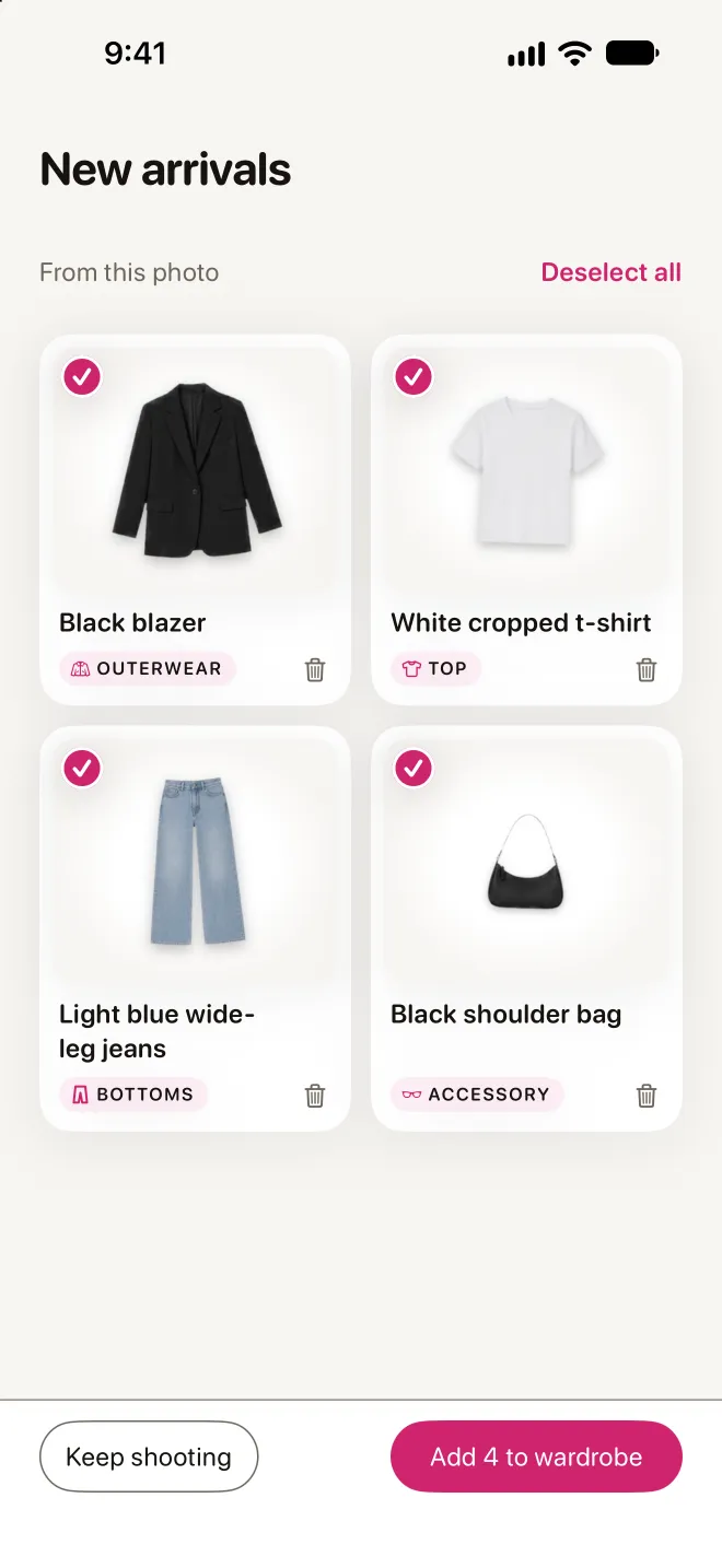 New arrivals in Style In: a black blazer, a white cropped t-shirt, light blue wide-leg jeans and a black shoulder bag, cut out from one outfit photo
