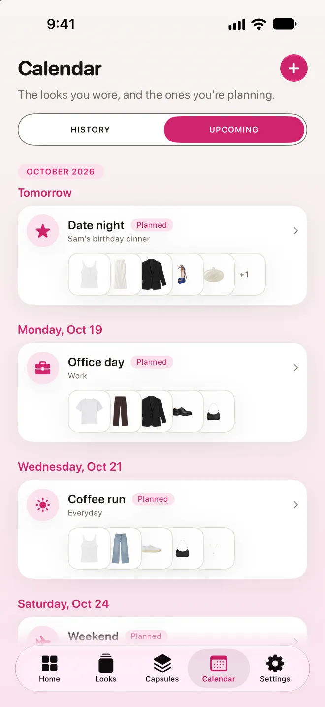 The calendar's Upcoming tab: the looks you've planned for the days ahead
