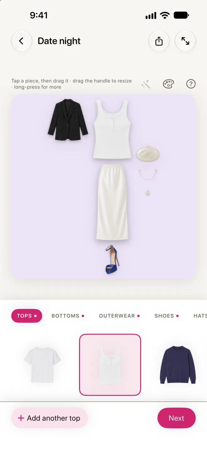 The Style In look builder: a black blazer, a ribbed tank, a satin maxi skirt and cobalt heels on the canvas, with a rail of tops to swap