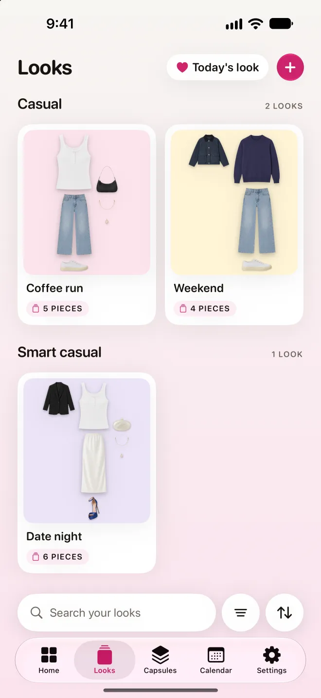 The Looks screen: saved outfits, grouped by occasion