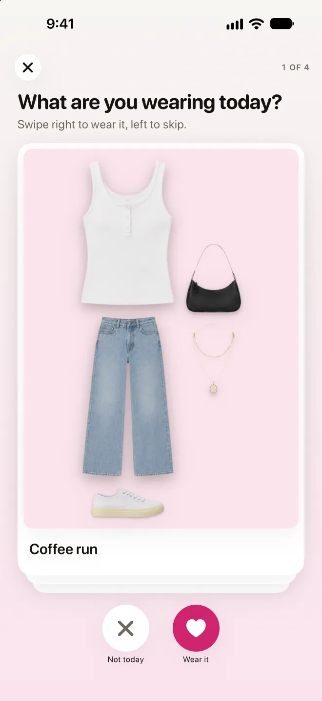 Today's look in Style In: one saved look with buttons to skip it or wear it