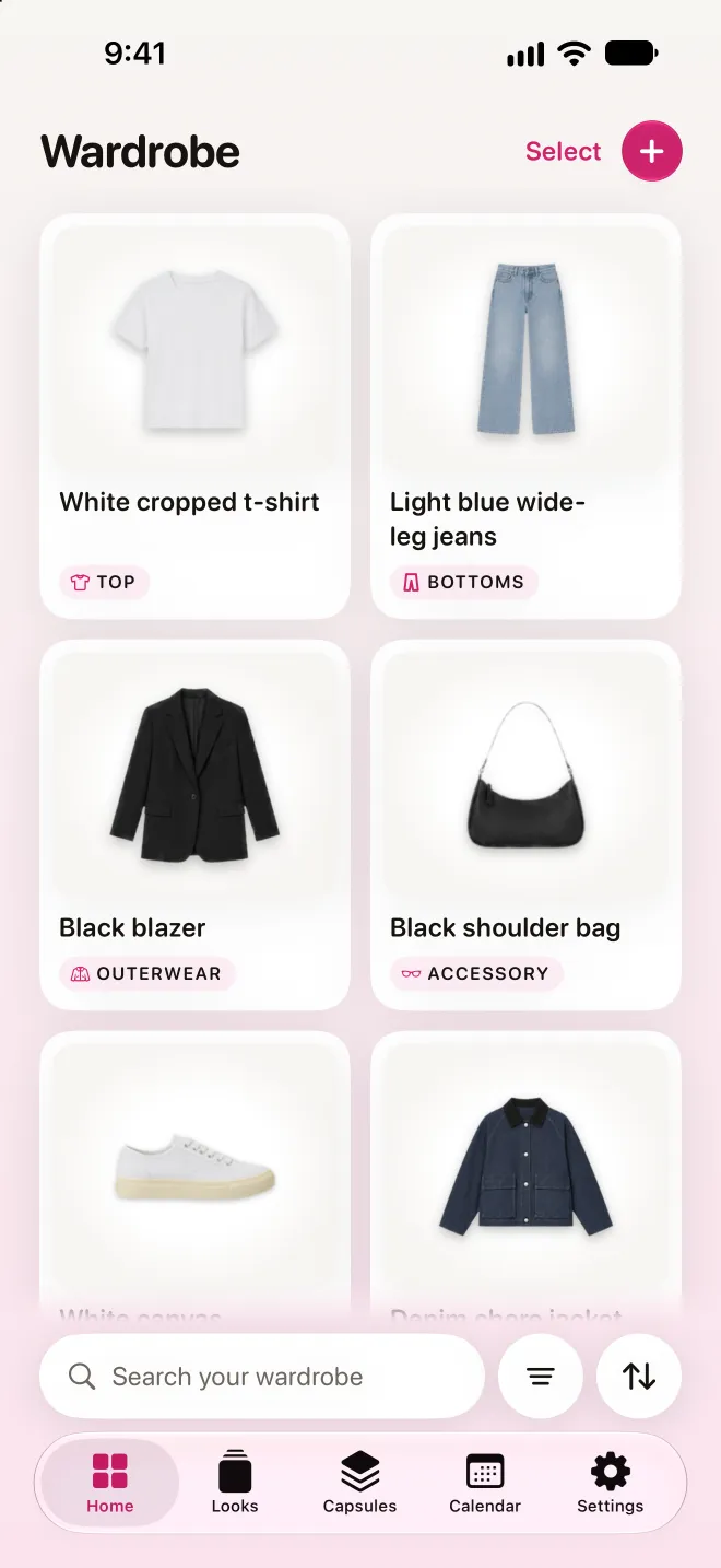 The Style In wardrobe: a t-shirt, jeans, a blazer and a bag as cut-out stickers with their categories