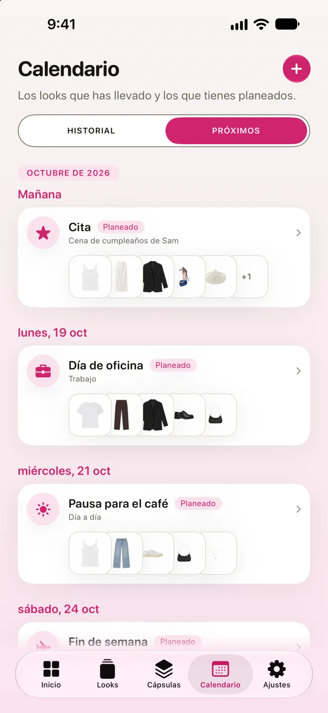 El calendario, pestaña Próximos: los looks que has planeado para los próximos días