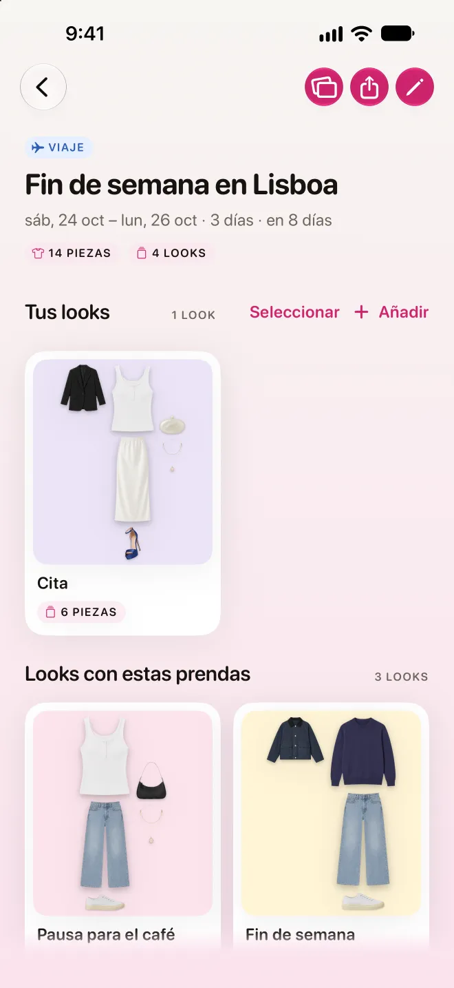 La pantalla de Cápsulas con una cápsula de fin de semana en Lisboa y sus looks