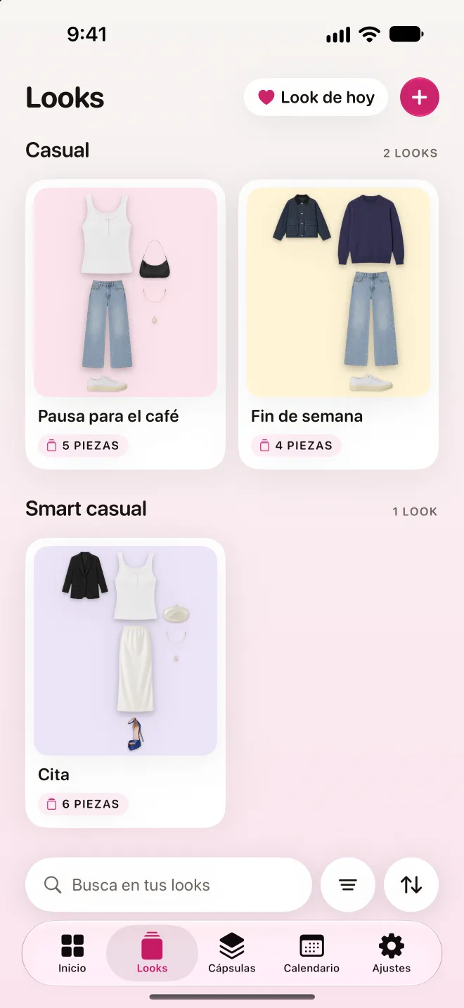 La pantalla de Looks: outfits guardados, agrupados por ocasión