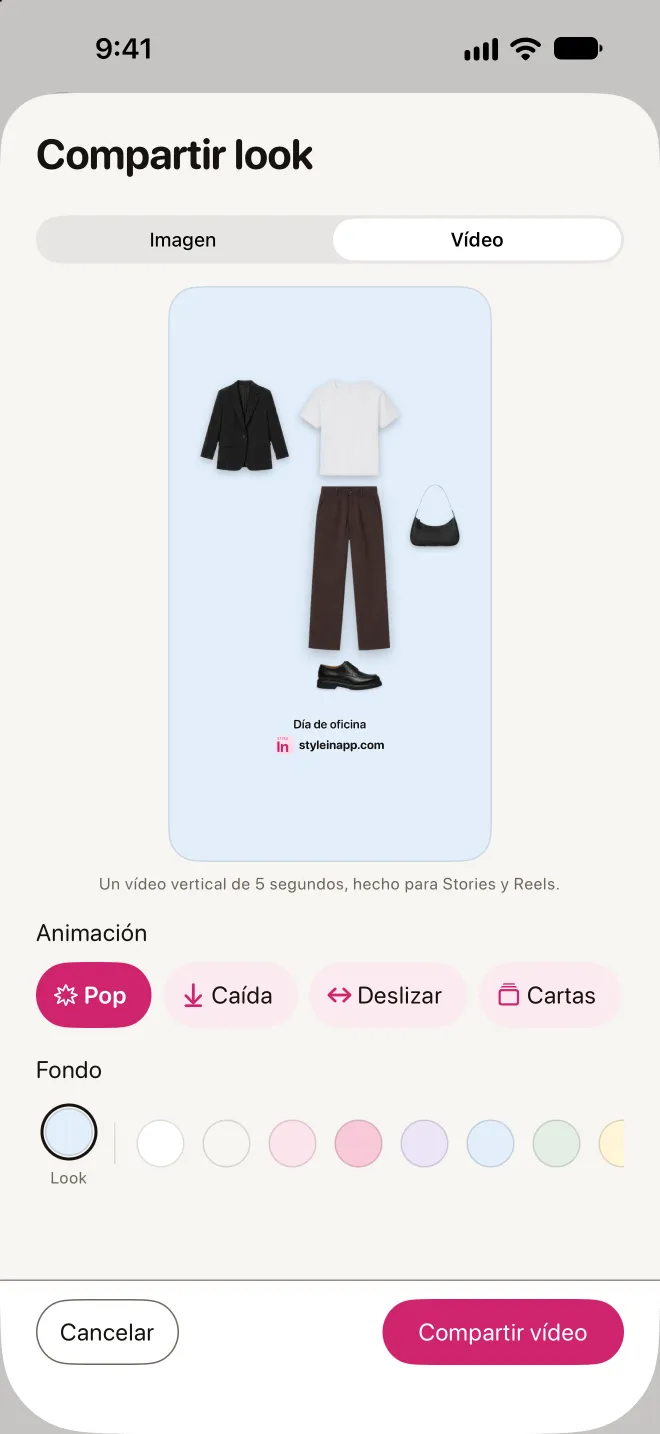 Compartir un look como vídeo: la vista previa, la animación y el color de fondo