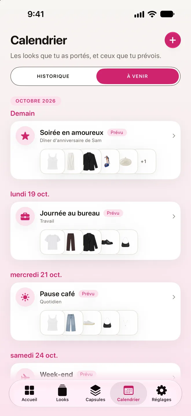 Le calendrier, onglet À venir : les looks que tu as prévus pour les jours qui viennent