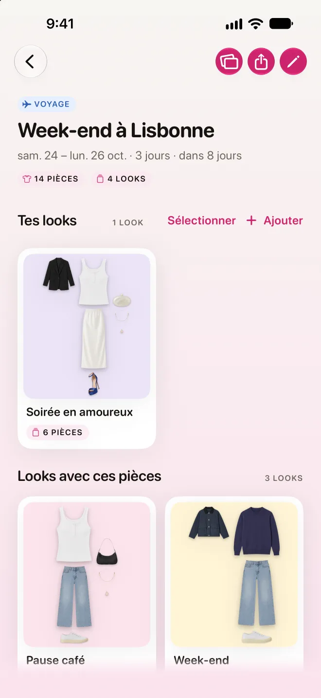 L'écran Capsules avec une capsule week-end à Lisbonne et ses looks