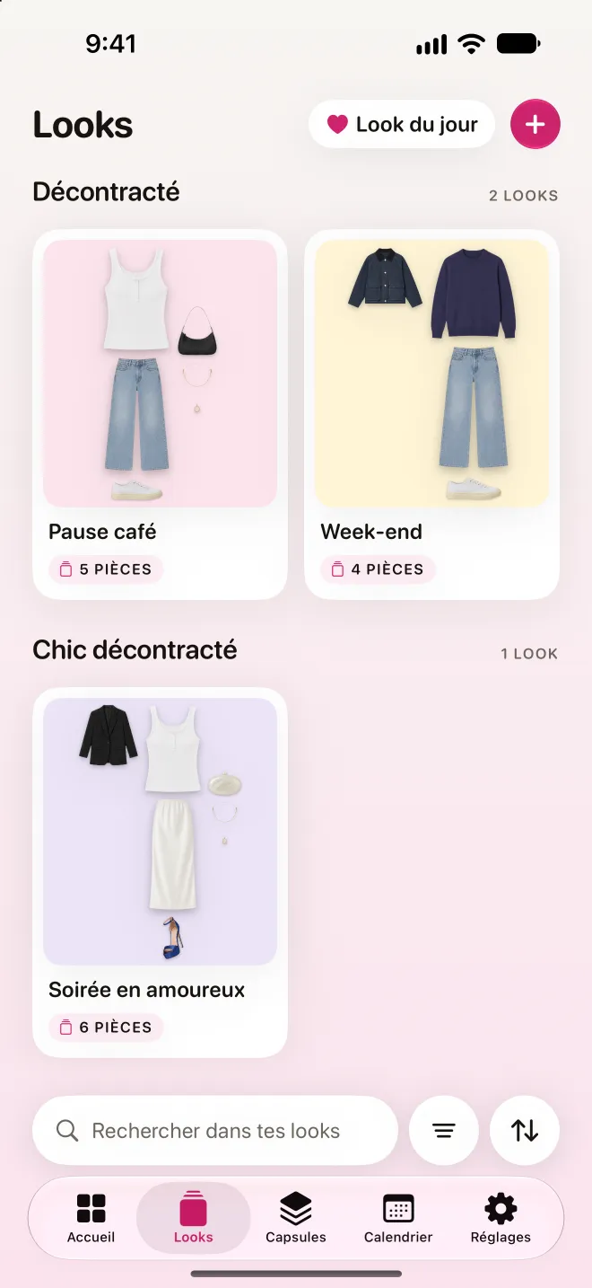 L'écran Looks : des tenues enregistrées, regroupées par occasion